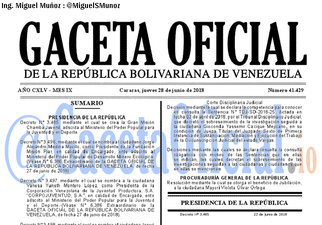 Gaceta Oficial 41429 del 28 junio 2018