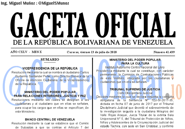 Gaceta Oficial 41439 del 13 julio 2018