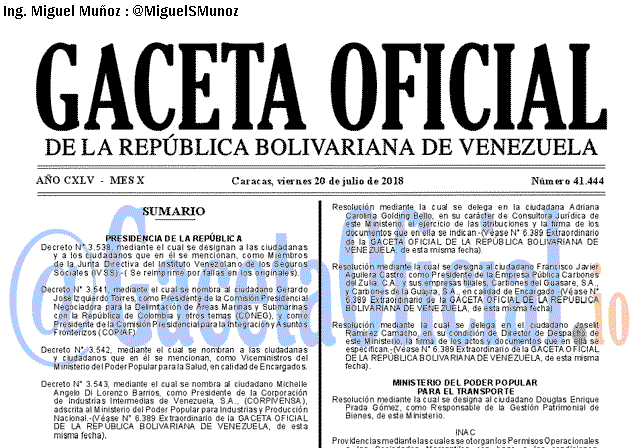 Gaceta Oficial 41444 del 20 julio 2018