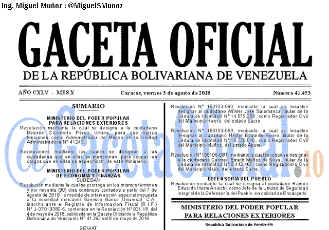 Gaceta Oficial 41453 del 3 Agosto 2018 Gaceta Oficial 41453 del 3 Agosto 2018