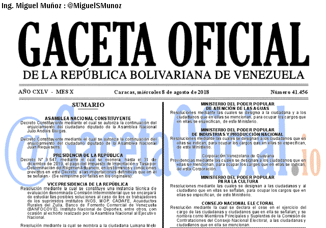 Gaceta Oficial 41456 del 8 Agosto 2018 Gaceta Oficial 41456 del 8 Agosto 2018