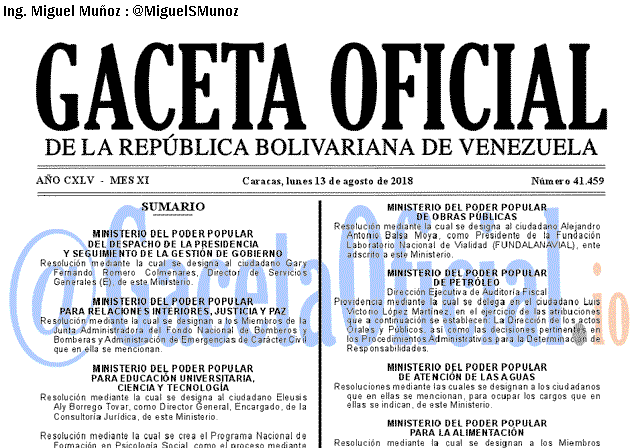 Gaceta Oficial 41459 del 13 Agosto 2018 Gaceta Oficial 41459 del 13 Agosto 2018