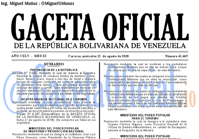 Gaceta Oficial 41465 del 22 Agosto 2018