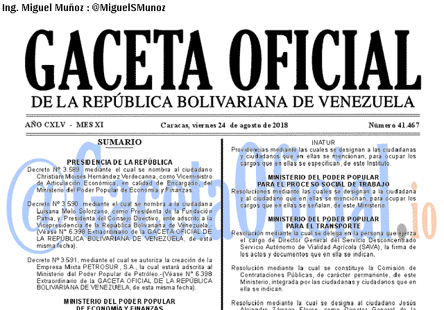 Gaceta Oficial 41467 del 24 Agosto 2018