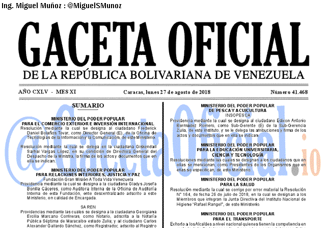 Gaceta Oficial 41468 del 27 agosto 2018