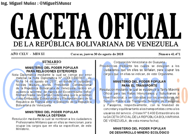 Gaceta Oficial 41471 del 30 Agosto 2018 Gaceta Oficial 41471 del 30 Agosto 2018
