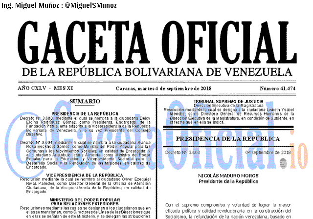 Gaceta Oficial 41474 del 4 Septiembre 2018 Gaceta Oficial 41474 del 4 Septiembre 2018