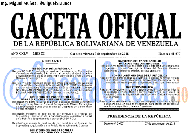 Gaceta Oficial 41477 del 7 Septiembre 2018 Gaceta Oficial 41477 del 7 Septiembre 2018