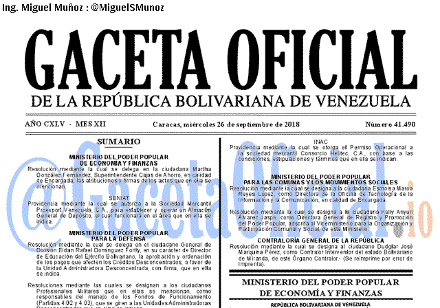Gaceta Oficial 41490 del 26 Septiembre 2018