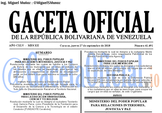 Gaceta Oficial 41491 del 27 Septiembre 2018