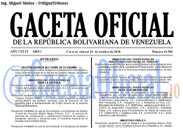 Gaceta Oficial 41506 del 19 Octubre 2018 Gaceta Oficial 41506 del 19 Octubre 2018
