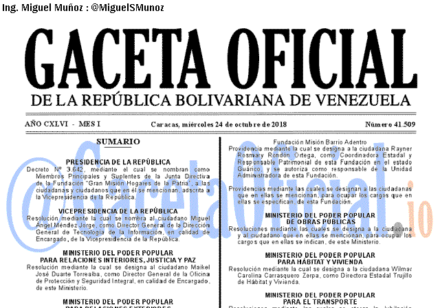 Gaceta Oficial 41509 del 24 Octubre 2018 Gaceta Oficial 41509 del 24 Octubre 2018