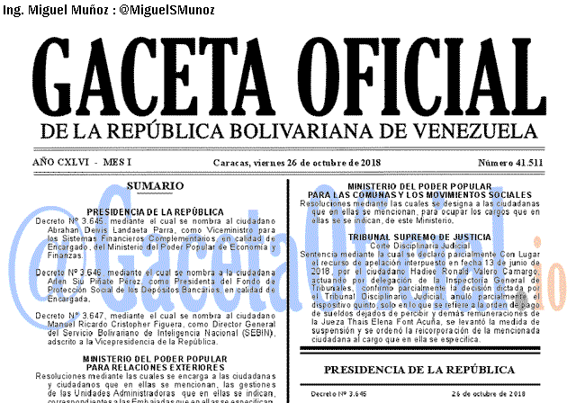 Gaceta Oficial 41511 del 26 Octubre 2018