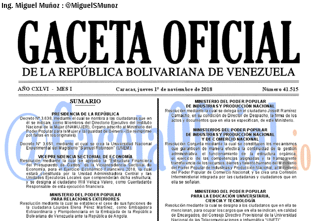 Gaceta Oficial 41515 del 1 Noviembre 2018