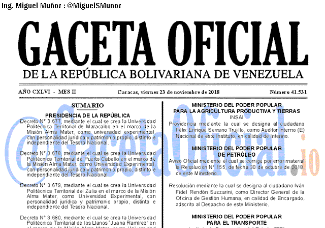 Gaceta Oficial 41531 del 23 Noviembre 2018