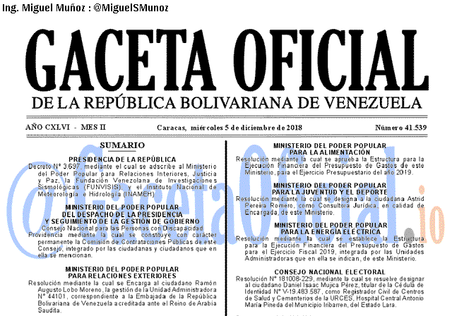 Gaceta Oficial 41539 del 5 Diciembre 2018 Gaceta Oficial 41539 del 5 Diciembre 2018