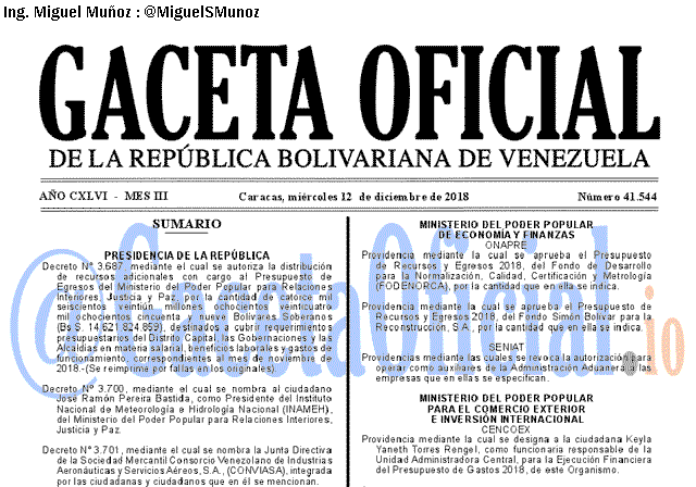 Gaceta Oficial 41544 del 12 Diciembre 2018 Gaceta Oficial 41544 del 12 Diciembre 2018