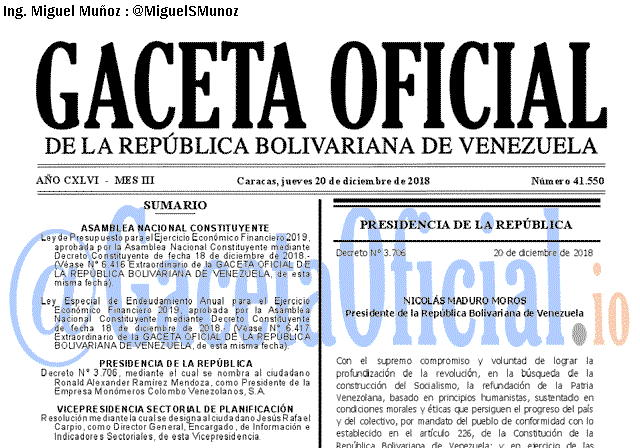 Gaceta Oficial 41550 del 20 Diciembre 2018 Gaceta Oficial 41550 del 20 Diciembre 2018
