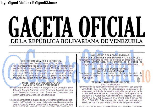 Gaceta Oficial 41565 del 16 Enero 2019