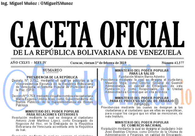 Gaceta Oficial 41577 del 1 Febrero 2019