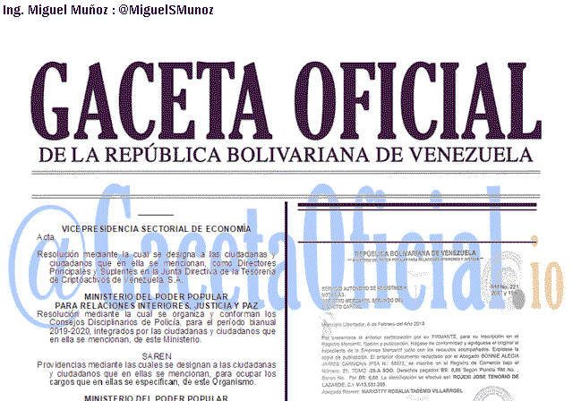 Gaceta Oficial 41584 del 12 Febrero 2019