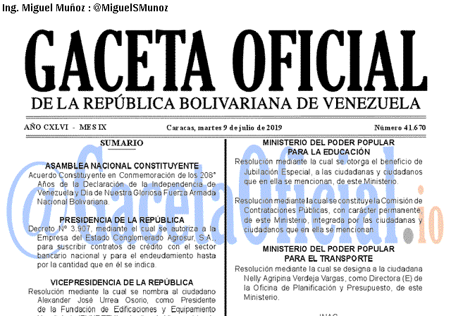 Gaceta Oficial 41670 del 9 Julio 2019