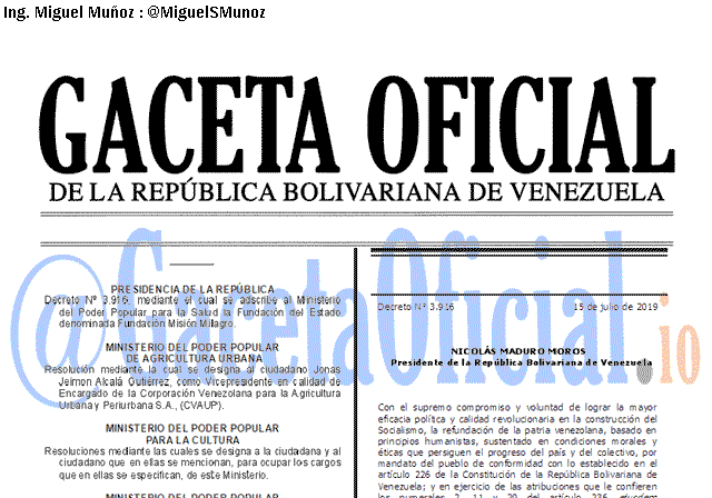 Gaceta Oficial 41674 del 15 Julio 2019