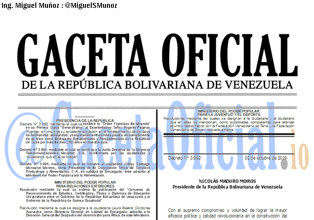Gaceta Oficial 41731 del 4 Octubre 2019 Gaceta Oficial 41731 del 4 octubre 2019