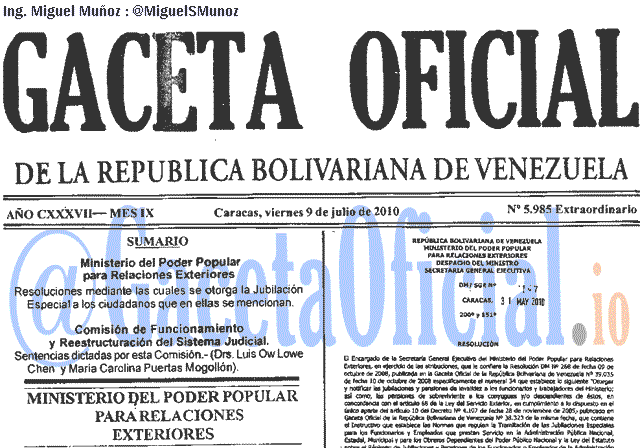 Gaceta Oficial 5985 del 9 Julio 2010