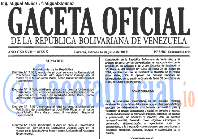Gaceta Oficial 5987 del 16 Julio 2010