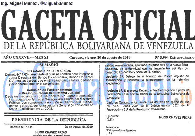 Gaceta Oficial 5994 del 20 Agosto 2010