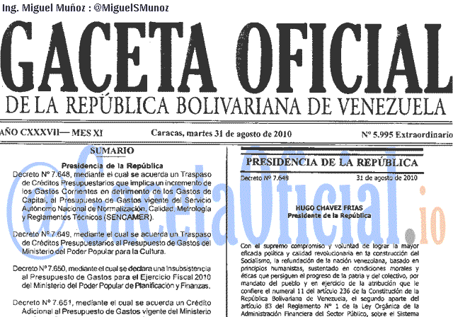 Gaceta Oficial 5995 del 31 Agosto 2010