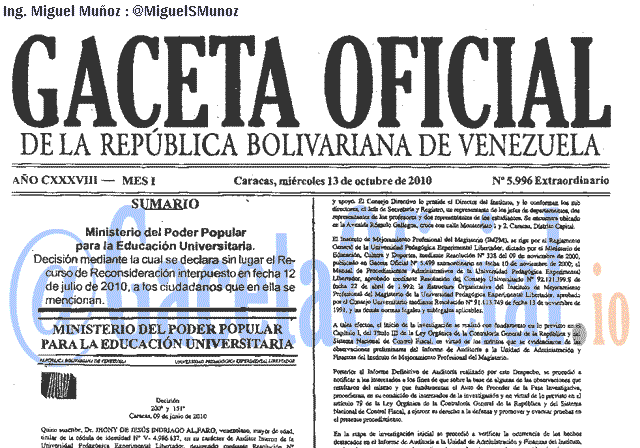 Gaceta Oficial 5996 del 13 Octubre 2010