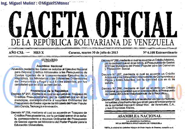 Gaceta Oficial 6108 del 30 Julio 2013