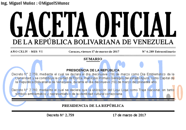 Gaceta Oficial 6289 del 17 marzo 2017 Gaceta Oficial 6289 del 17 marzo 2017