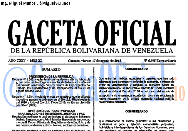 Gaceta Oficial 6395 del 17 Agosto 2018 Gaceta Oficial 6395 del 17 Agosto 2018