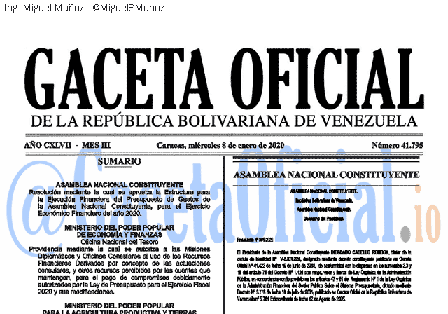 Gaceta Oficial 41795 del 8 Enero 2020