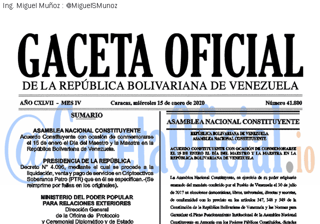 Gaceta Oficial 41800 del 15 Enero 2020
