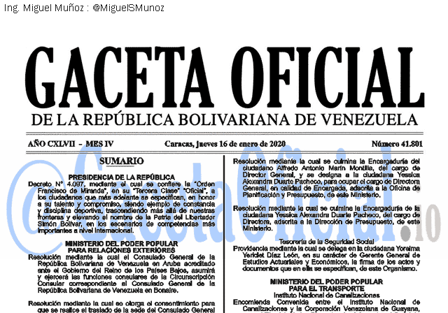 Gaceta Oficial 41801 del 16 Enero 2020
