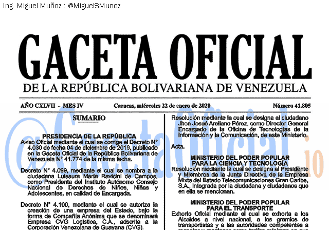 Gaceta Oficial 41805 del 22 Enero 2020 Gaceta Oficial 41805 del 22 Enero 2020