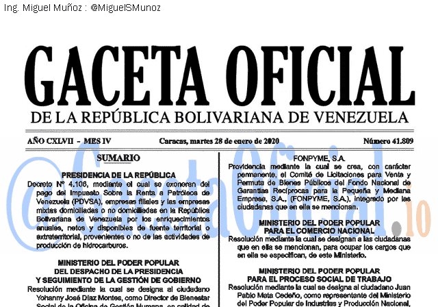 Gaceta Oficial 41809 del 28 Enero 2020 Gaceta Oficial 41809 del 28 Enero 2020