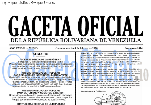 Gaceta Oficial 41814 del 4 febrero 2020
