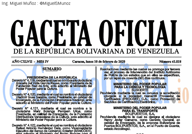 Gaceta Oficial 41818 del 10 febrero 2020 Gaceta Oficial 41818 del 10 febrero 2020