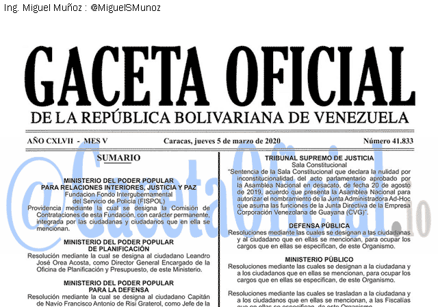 Gaceta Oficial 41833 del 5 marzo 2020 Gaceta Oficial 41833 del 5 marzo 2020
