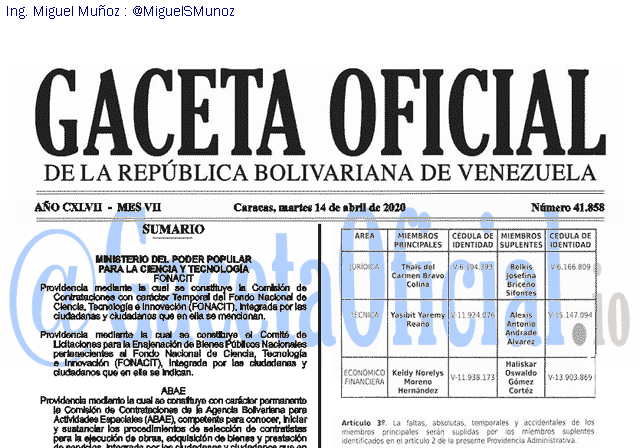 Gaceta Oficial 41858 del 14 abril 2020