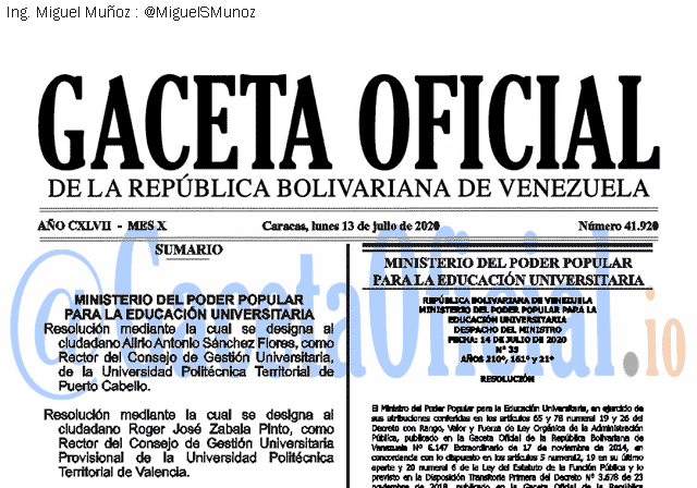 Gaceta Oficial 41920 del 13 julio 2020