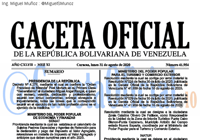 Gaceta Oficial 41954 del 31 agosto 2020