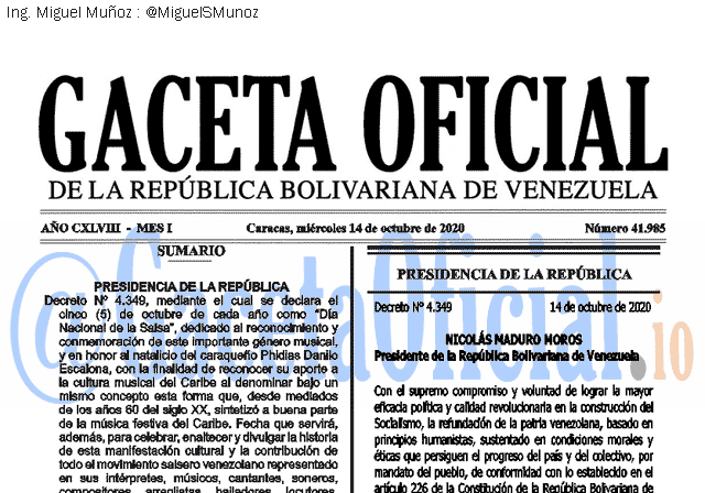 Venezuela Gaceta Oficial 41985 del 14 octubre 2020