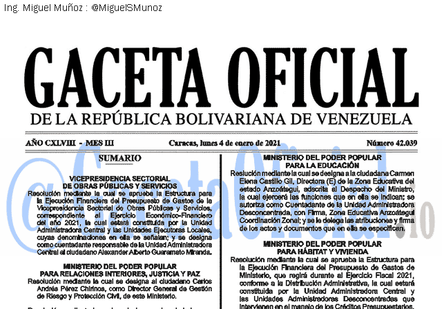 Gaceta Oficial 42039 del 4 Enero 2021