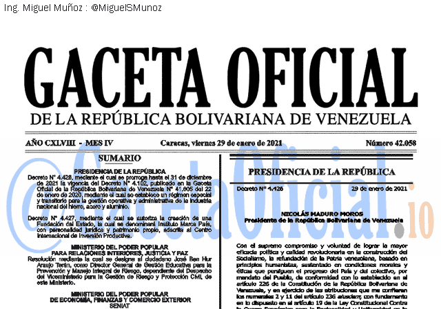 Gaceta Oficial 42058 del 29 Enero 2021 Gaceta Oficial 42058 del 29 Enero 2021
